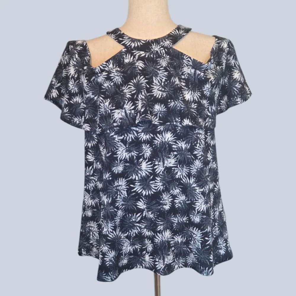 MICHAEL Michael Kors Blue White Floral Cold Shoulder Tunic Top L